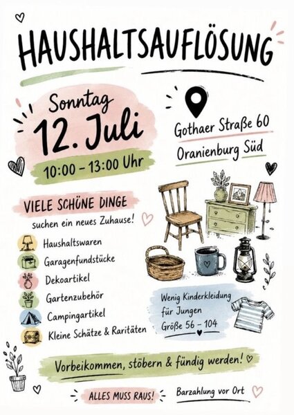 Haushaltsaufl&ouml;sung in Oranienburg-S&uuml;d am 12.07.2026