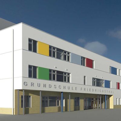 Der geplante Schulneubau bietet den Friedrichsthaler Grundsch&uuml;lern eine moderne Lernumgebung. Mit einem gro&szlig;en Au&szlig;enspielbereich ist auch f&uuml;r viel Platz f&uuml;r Spiel und Bewegung an der frischen Luft gesorgt.