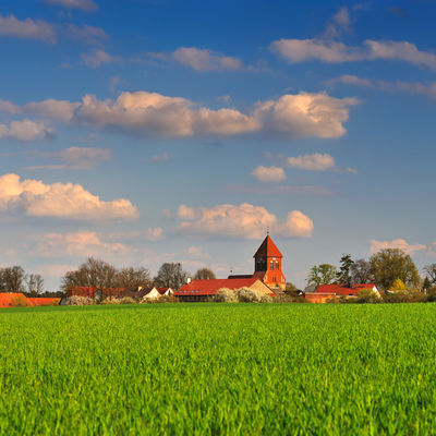 Panorame von Wensickendorf: Blick &uuml;ber gr&uuml;ne Felder auf die Kirche und den Ortskern