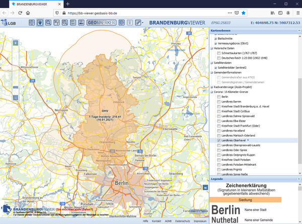 Landkreise mit einem Sieben-Tage-Inzidenzwert �ber 200 Infektionen auf 100.000 Einwohner gelten als Corona-Hotspots - hier gilt ein 15-Kilometer-Radius ab der Landkreisgrenze. Unter https://bb-viewer.geobasis-bb.de kann man diesen auf einer Karte einblenden. F�r den Landkreis Oberhavel bestand die Regel vom 16. bis 29.01.2021.