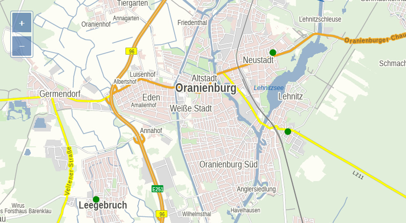 Teststellen in Brandenburg (Kartenausschnitt)