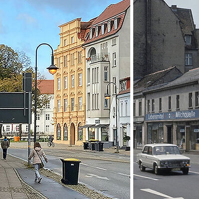 30 Jahre Stadtsanierung - hier die Bernauer Stra�e Richtung Schloss 2020 und in den sp�ten 1970er Jahren
