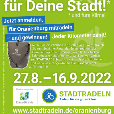 In Oranienburg wird vom 27.08. bis 16.09.2022 wieder f�rs Klima geradelt - beim STADTRADELN ...