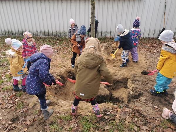 �Kinder pflanzen B�ume�: Ein Projekt, das sich beim B�rgerhaushalt 2023 durchgesetzt hat. Anfang Dezember wurde es umgesetzt, indem Kinder der Kita Flax und Kr�mel und Sch�ler der Waldschule insgesamt zehn neue B�ume in der R�desheimer Stra�e in die Erde 