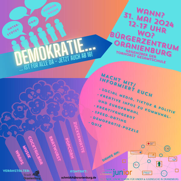 Am 31.5. findet rund ums B�rgerzentrum ein Demokratiefest f�r junge Oranienburger statt.